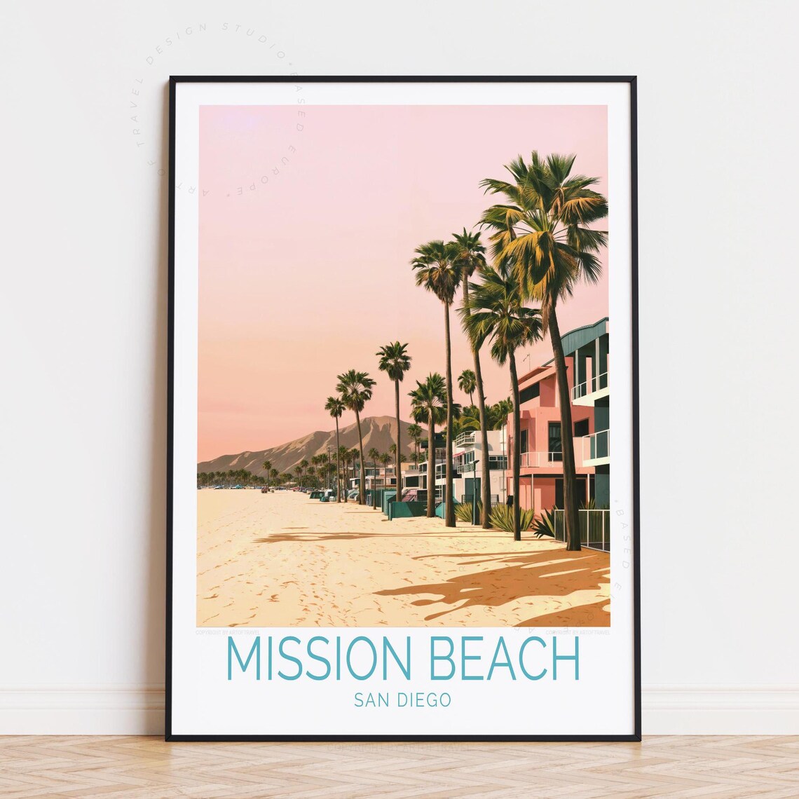 Mission Beach San Diego Palm Shore Retro Pink Sky Art Poster