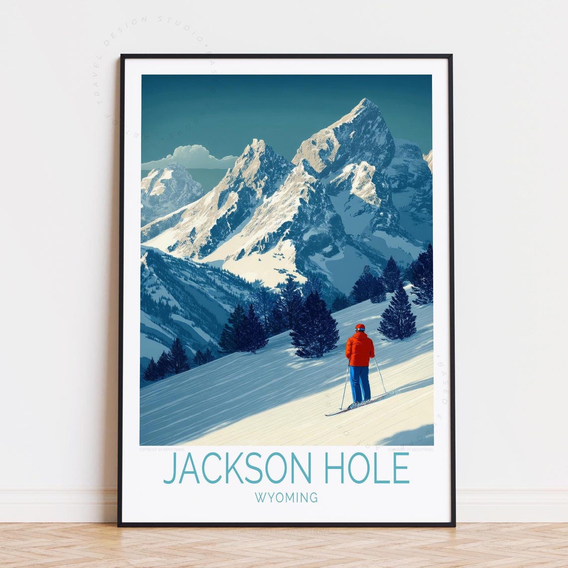 Jackson Hole Wyoming Skier On Powder Slope Grand Teton View Poster