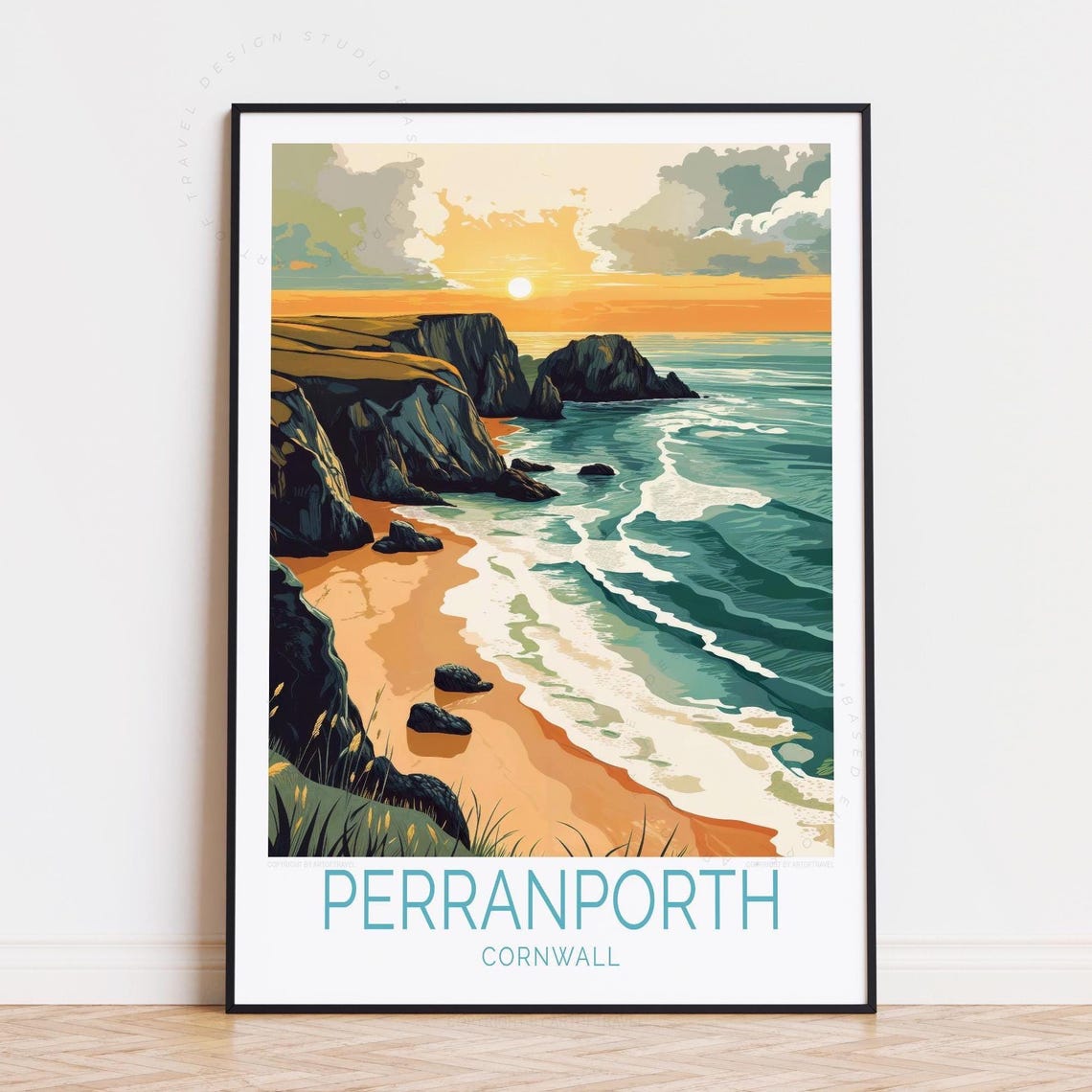 Perranporth Cornwall Sea Cliffs Sunset Waves Coastal Travel Poster