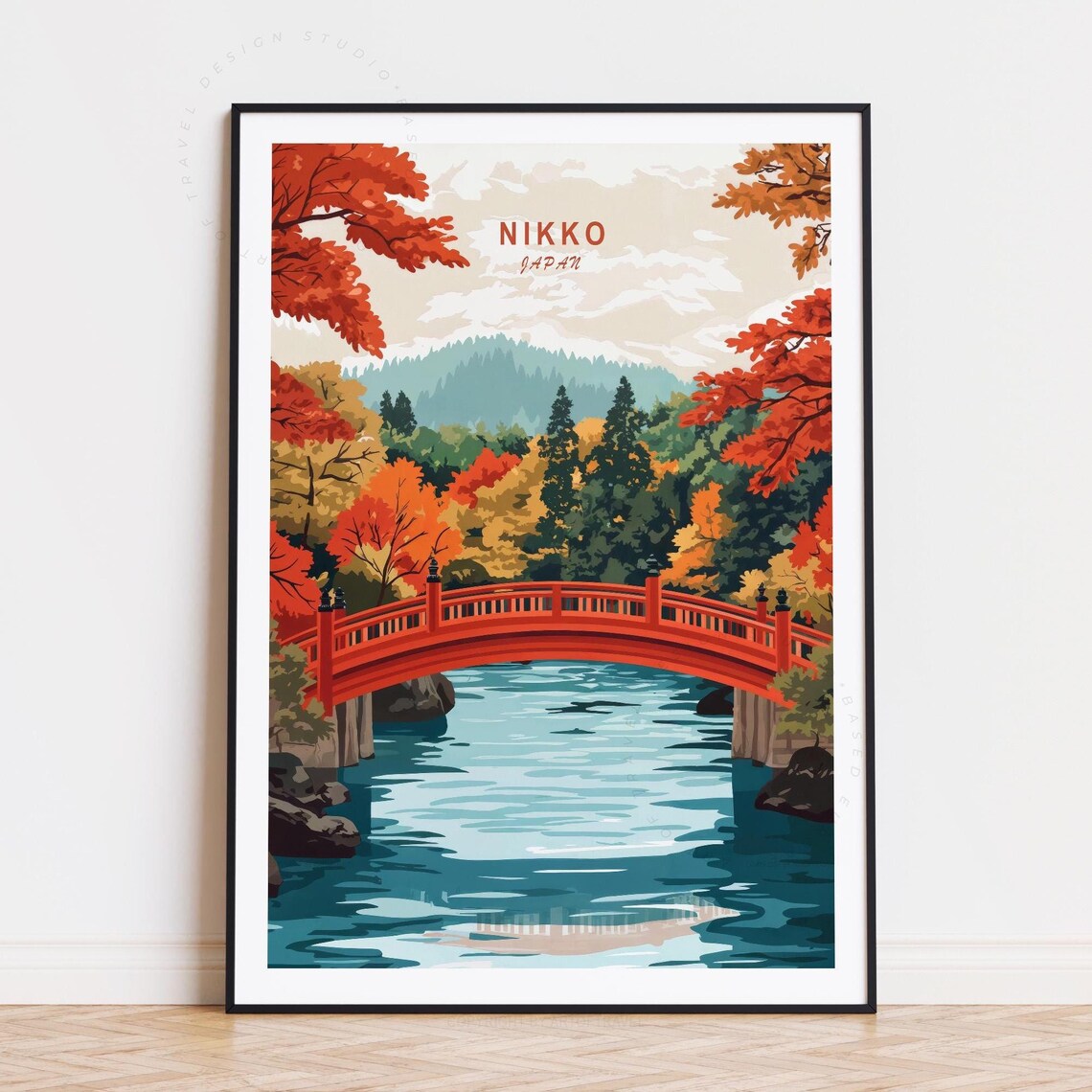 Nikko Japan Red Sacred Bridge Autumn Foliage Mountain Poster
