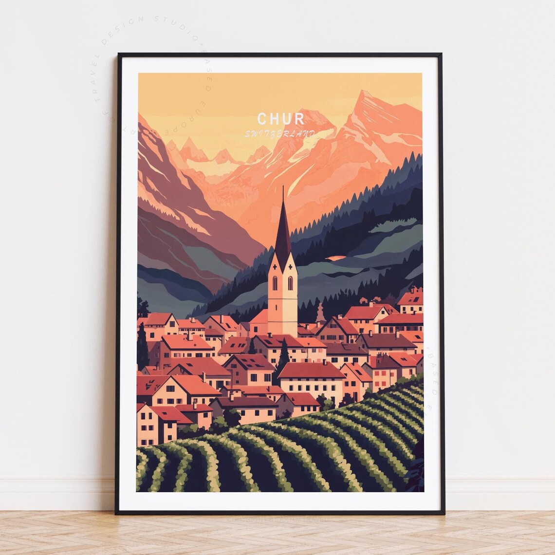 Chur Switzerland Travel Poster Alpine Town Church And Vineyards