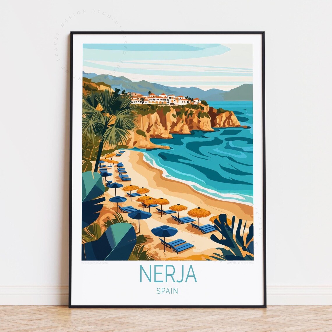 Nerja Spain Cliff Top Town Beach Parasols Turquoise Sea Poster