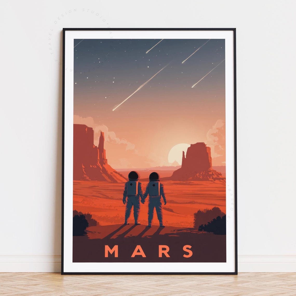 Mars Red Desert Sunset Astronauts Meteor Shower Space Travel Poster