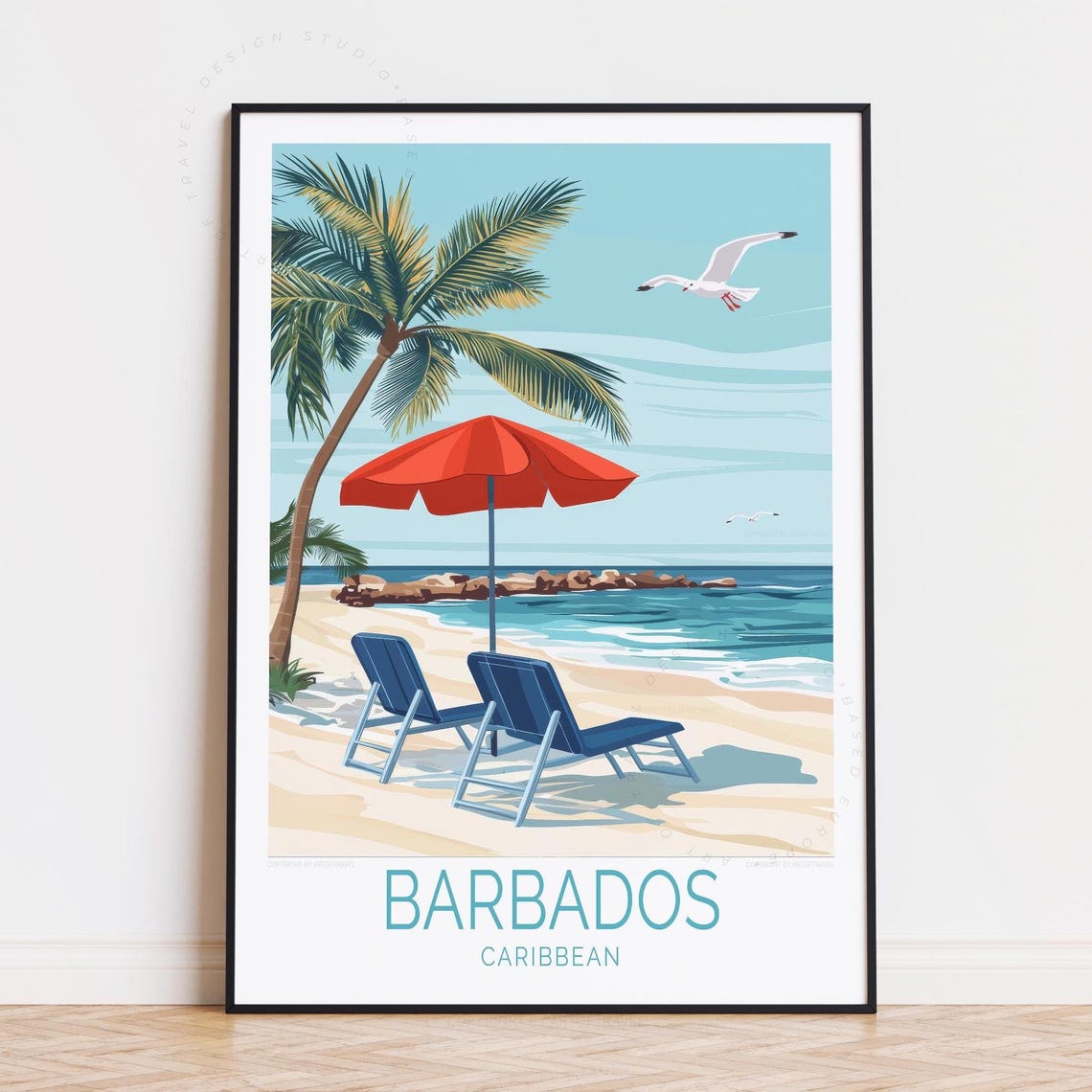 Barbados Caribbean Beach Palm Tree Umbrella Sunset Travel Poster