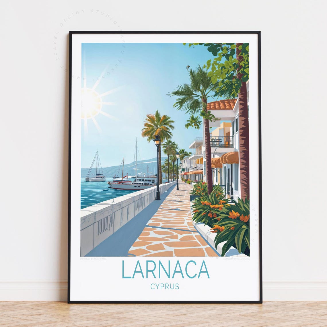 Larnaca Cyprus Seafront Promenade with Boats and Palm Trees Poster