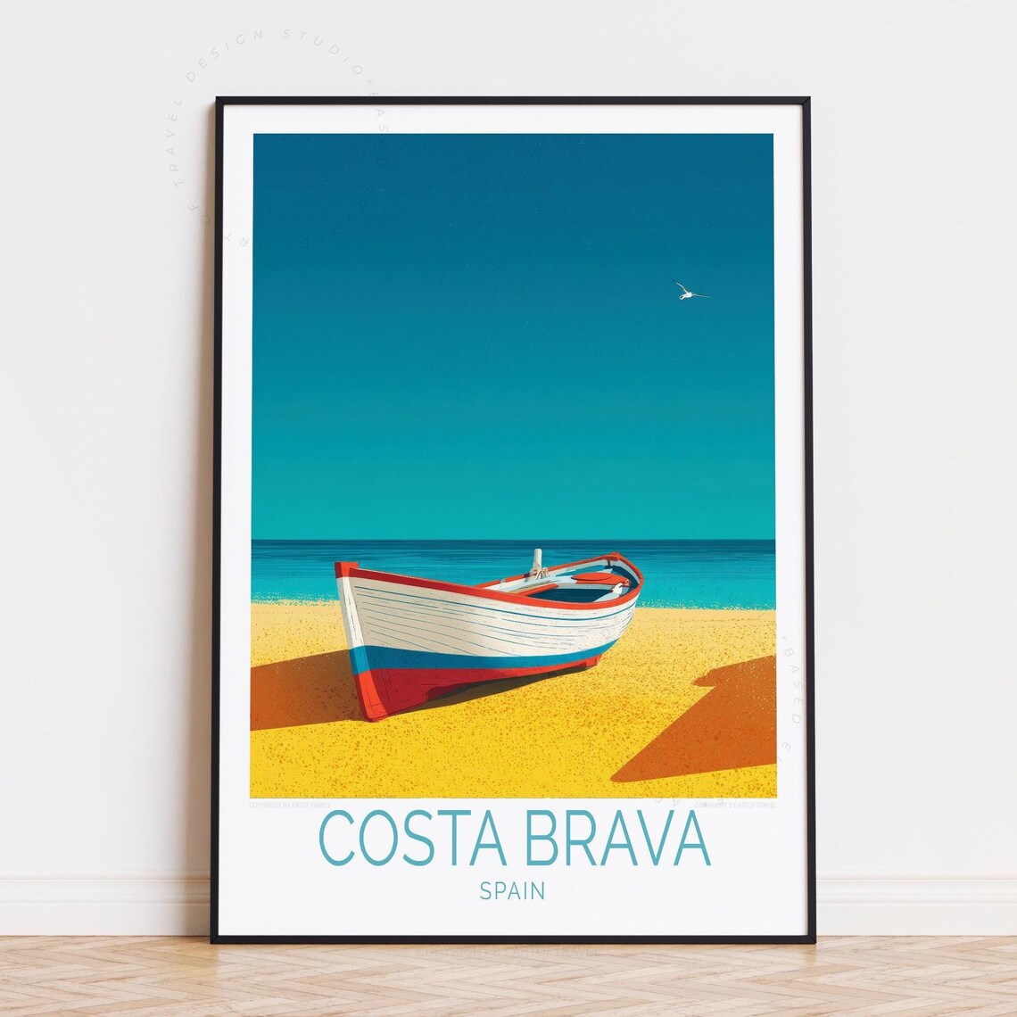 Costa Brava Spain Wooden Boat On Golden Shore Summer Seaside Poster