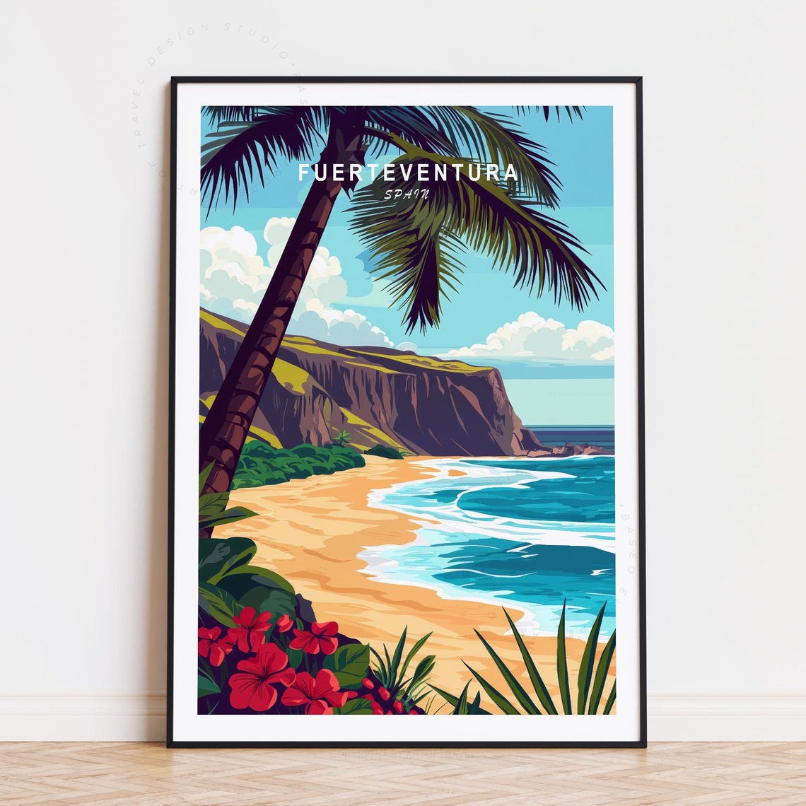 Fuerteventura Spain Palm Tree Beach Cliffs Tropical Travel Poster