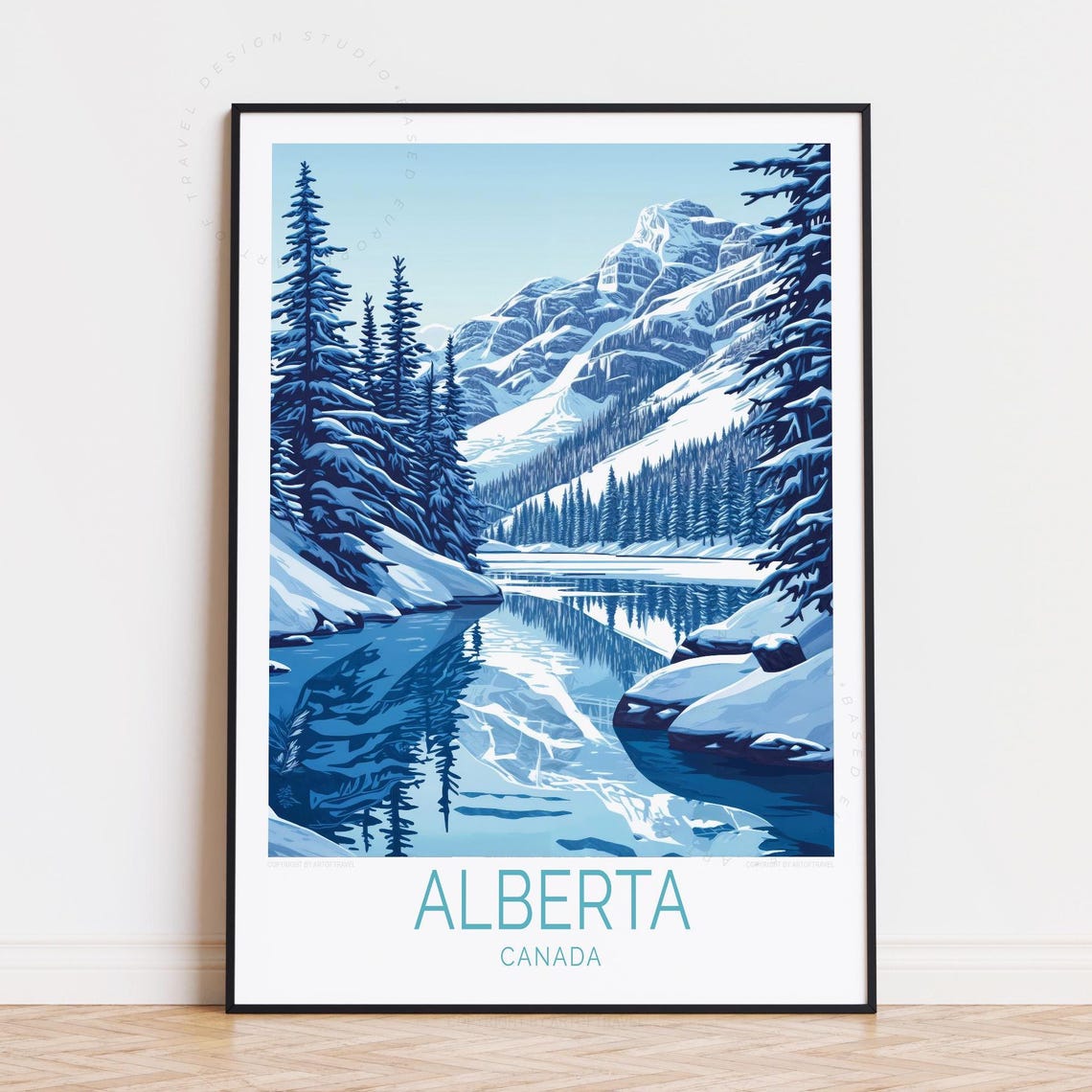 Stunning Alberta Canada Snowy Mountain Lake Pine Winter Poster