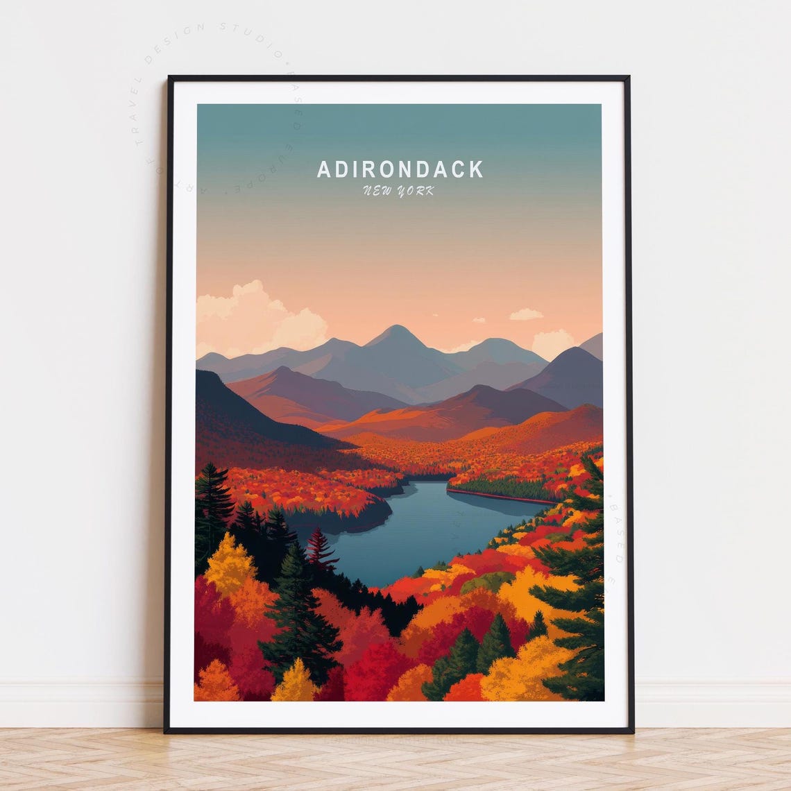 Adirondack New York Autumn Mountains Lake Retro Travel Poster Artwork