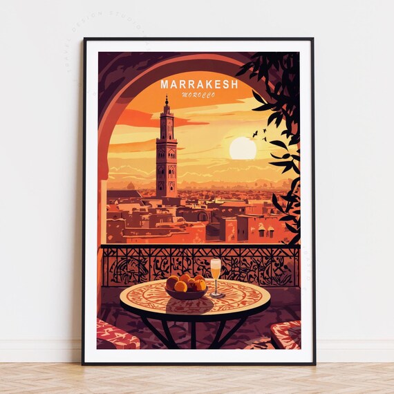 Marrakesh Morocco Riad Terrace Sunset City View Vintage Art Poster