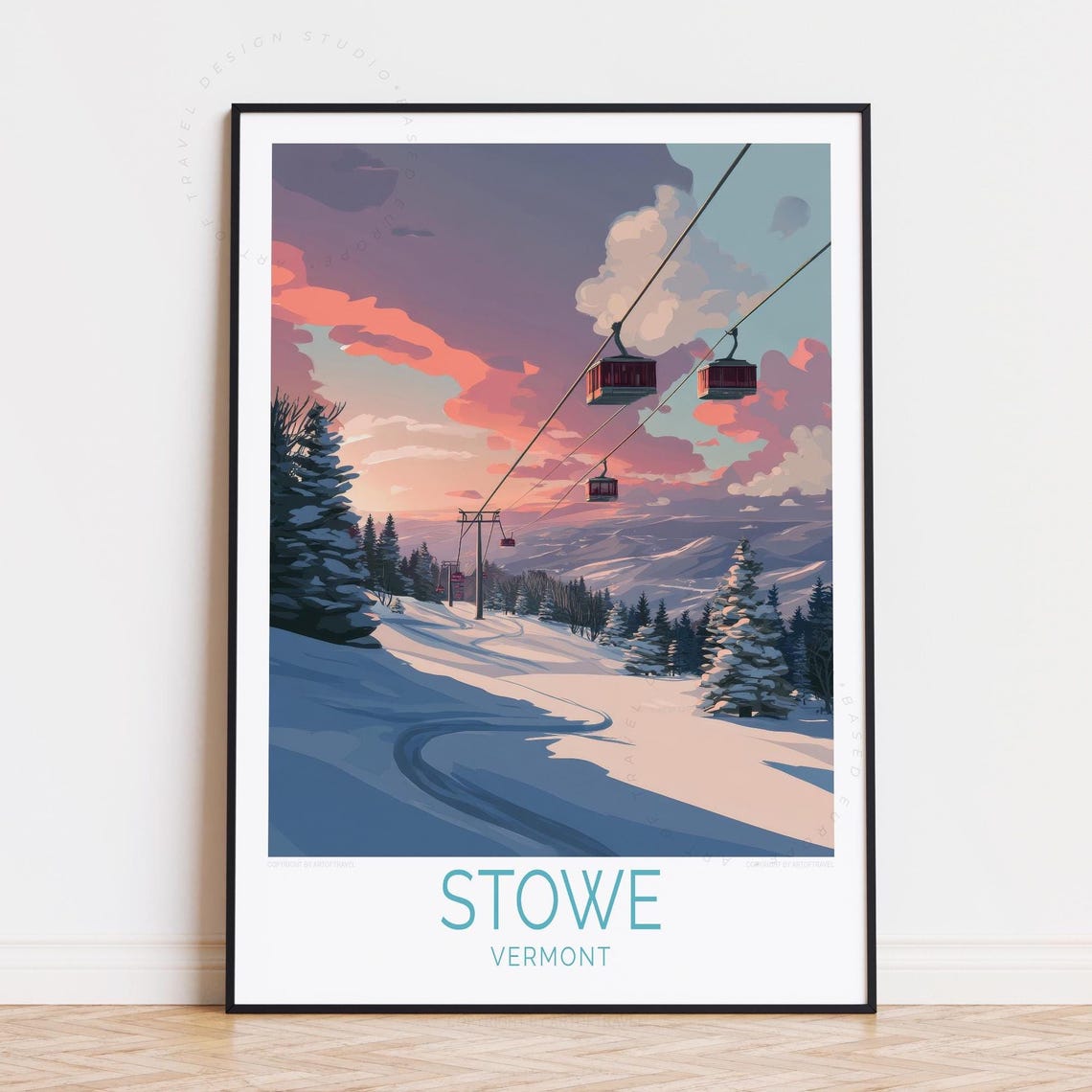 Stowe Vermont Ski Gondolas Snowy Slope Winter Sunset Travel Poster