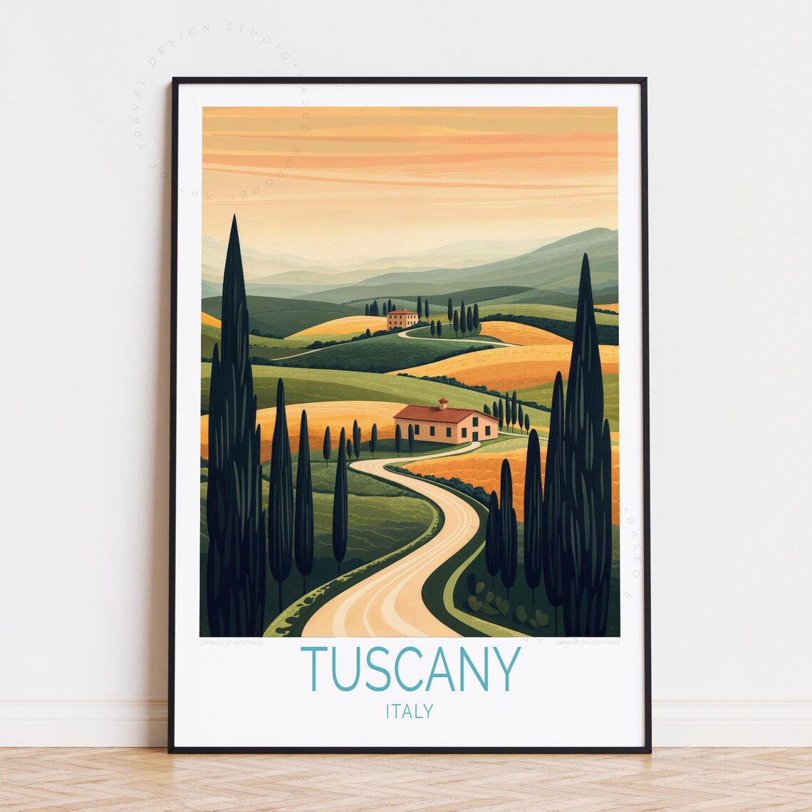 Tuscany Italy Golden Hills Cypress Road Villa Sunset Art Poster