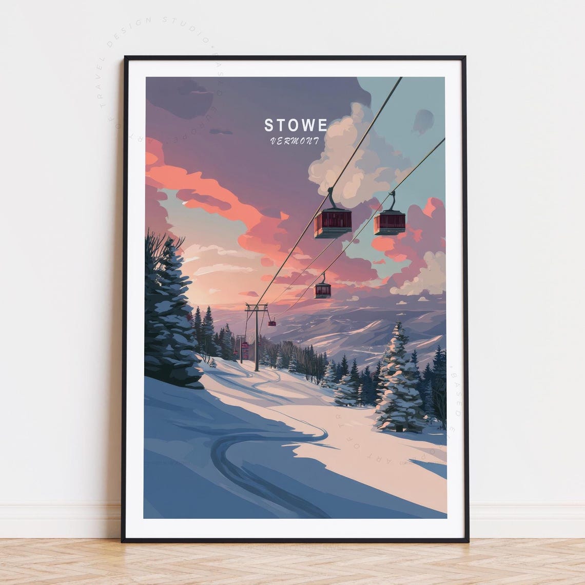 Stowe Vermont Gondola Sunset Snowy Mountain Ski Resort Poster