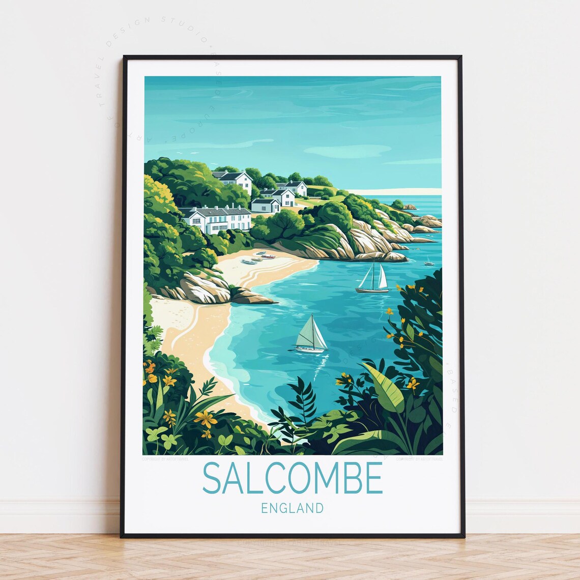Salcombe England Beach Cove Sailboats White Houses Travel Poster