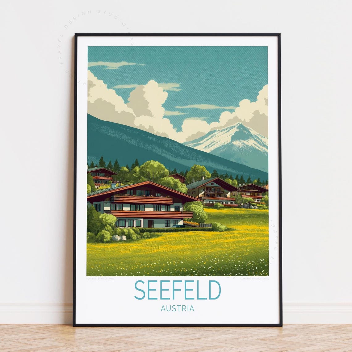 Seefeld Austria Alpine Chalets Meadow Snow Peak Vintage Travel Poster