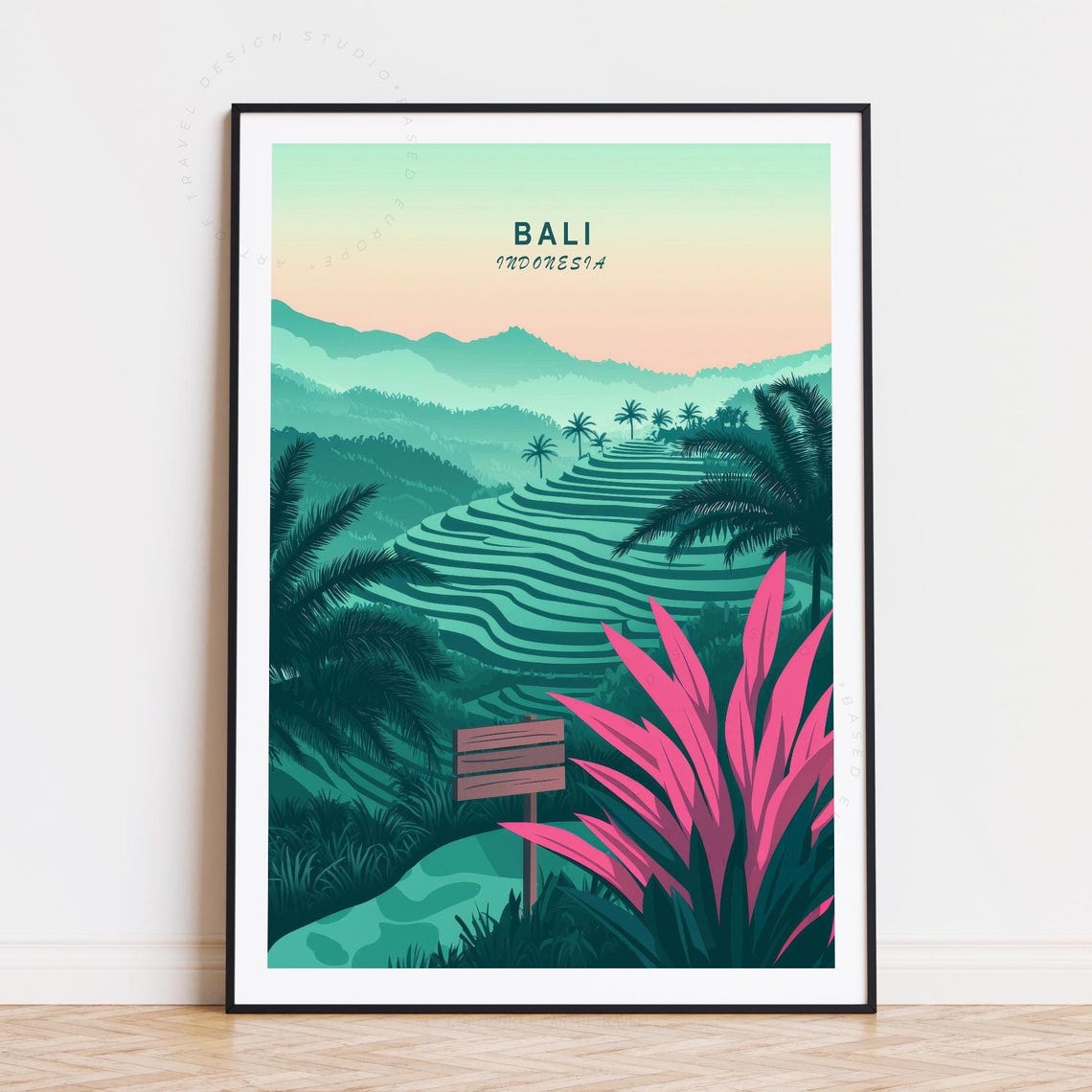 Bali Indonesia Tropical Rice Terrace Palm Trees Travel Poster