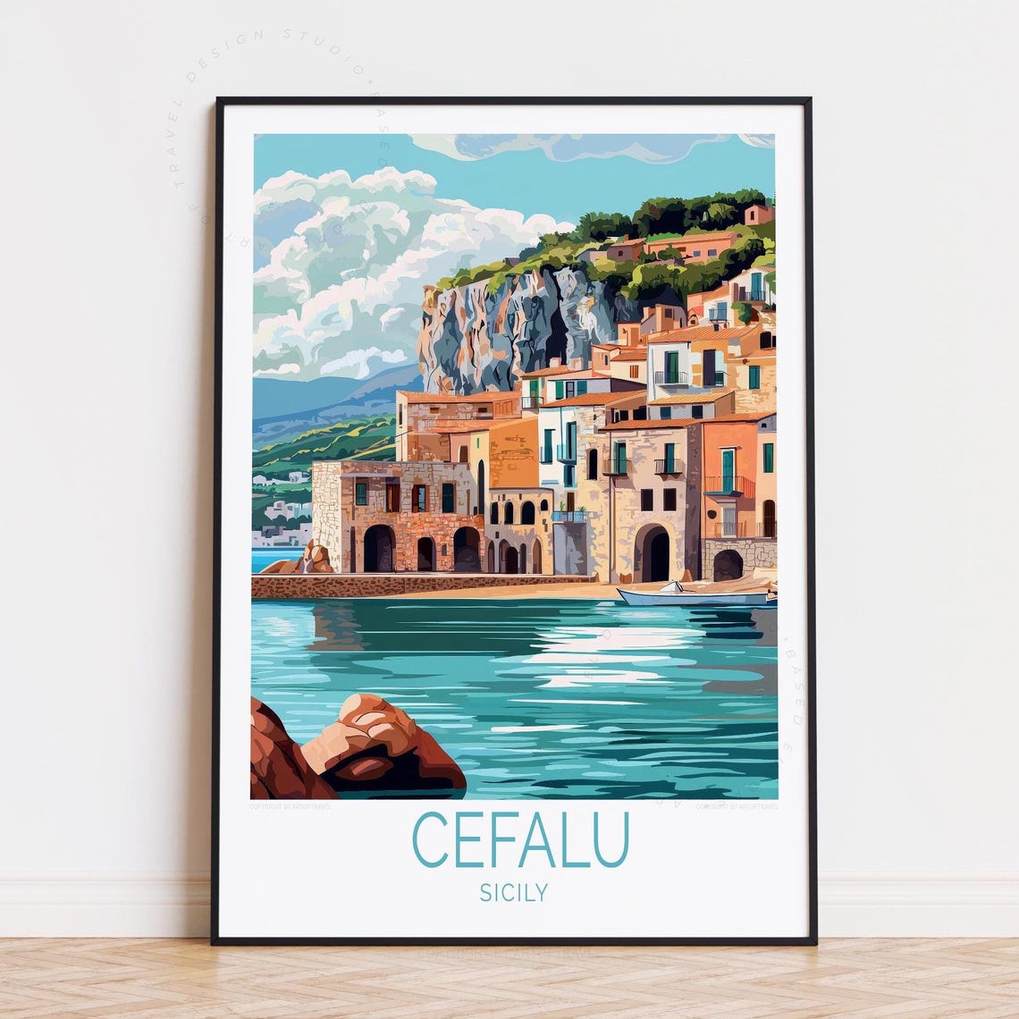 Cefalu Sicily Italy Cliffside Old Town Harbor Sea Retro Poster