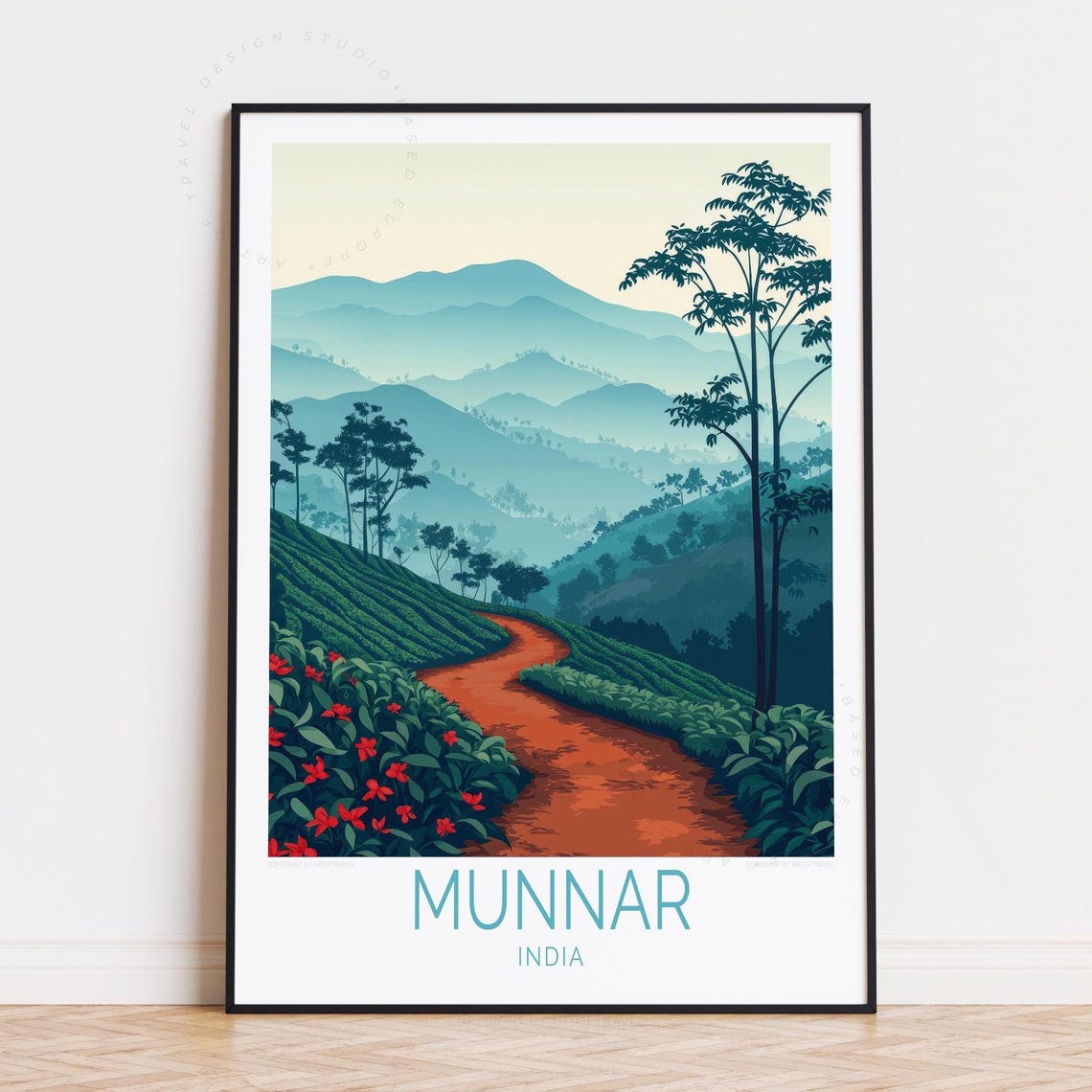 Munnar India Misty Morning Red Path Through Tea Gardens Poster