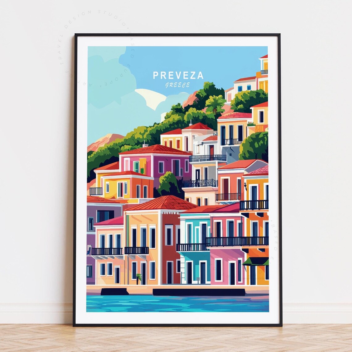 Preveza Greece Colorful Hillside Houses Sea View Travel Poster