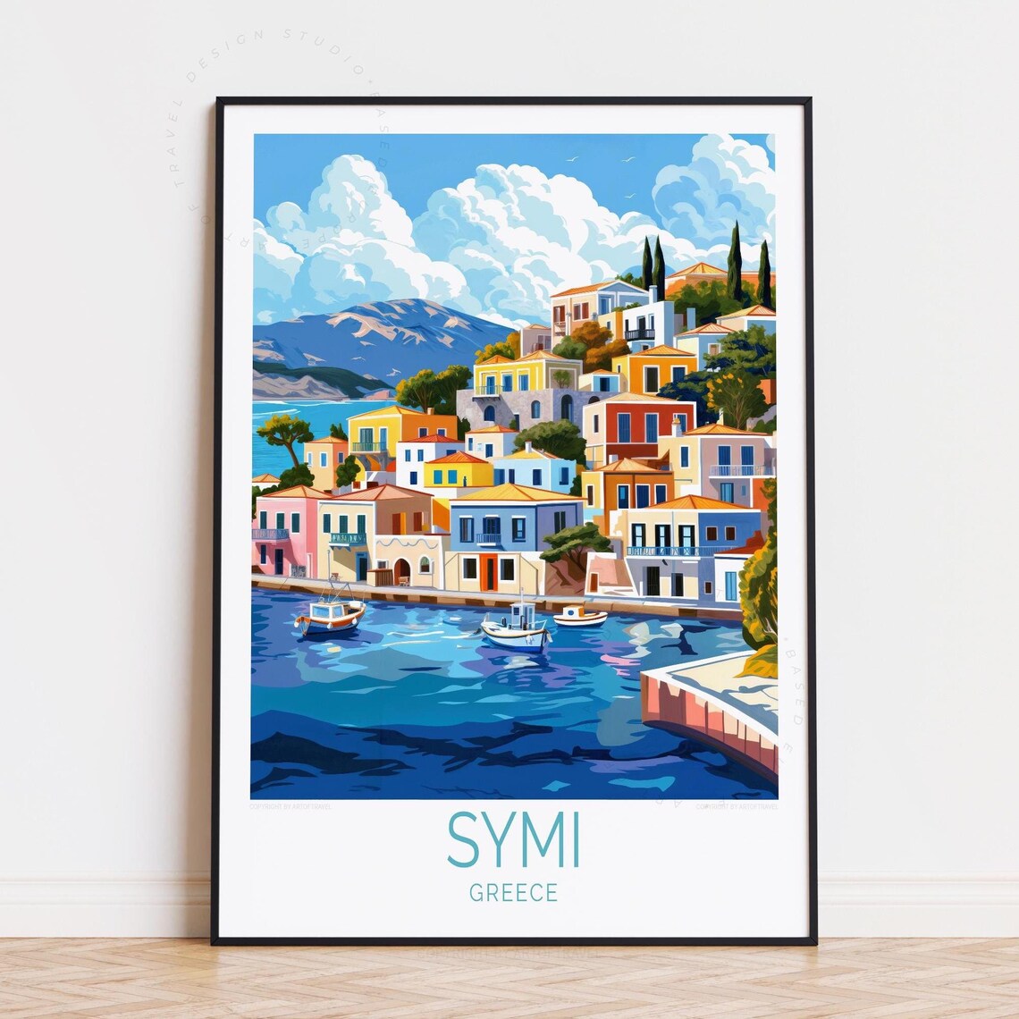 Symi Greece Colorful Aegean Harbor Houses Boats Travel Poster