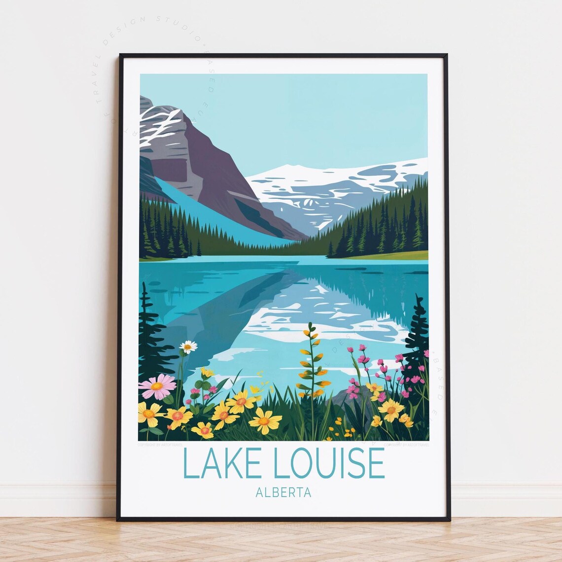 Lake Louise Alberta Calm Waters and Wildflower Meadow Travel Poster