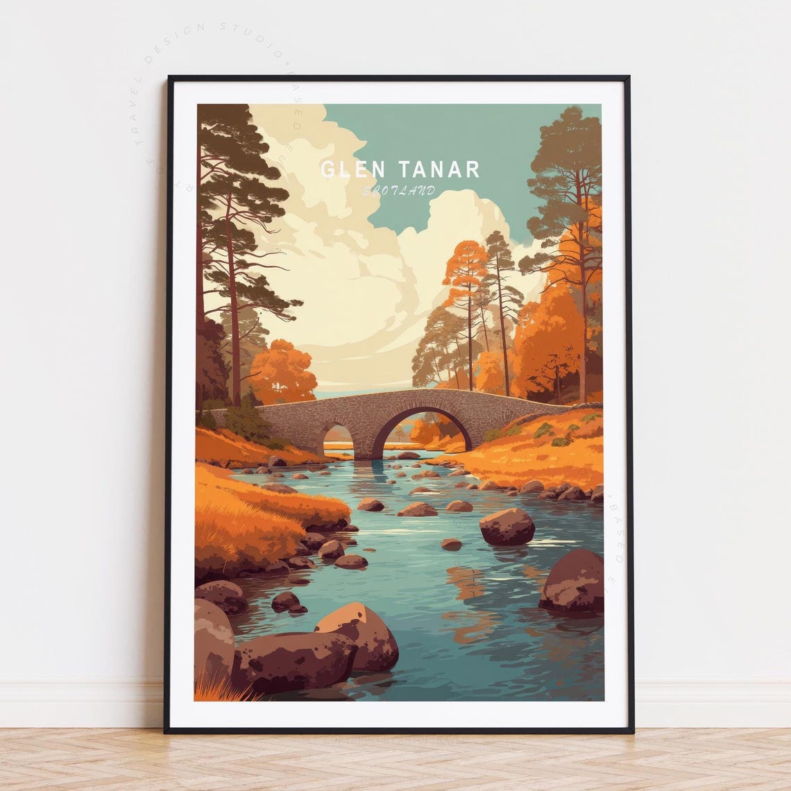 Glen Tanar Scotland Autumn River Stone Bridge Vintage Travel Poster