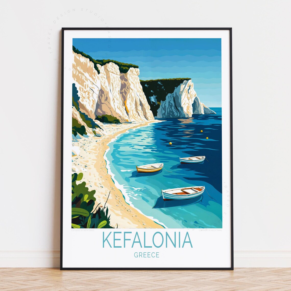 Kefalonia Greece White Cliffs Beach Boats Turquoise Water Art Poster