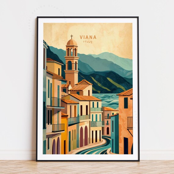 Viana Italy Charming Village Street Church Tower Sunset Travel Poster
