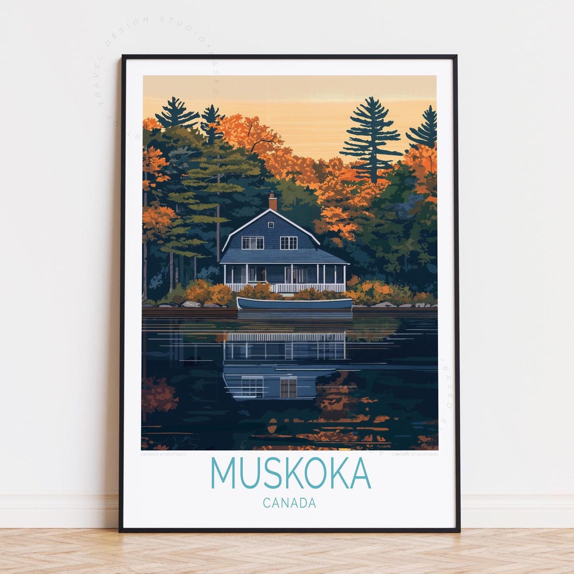 Muskoka Canada Lakeside Cottage Dusk Autumn Trees Scenic Poster