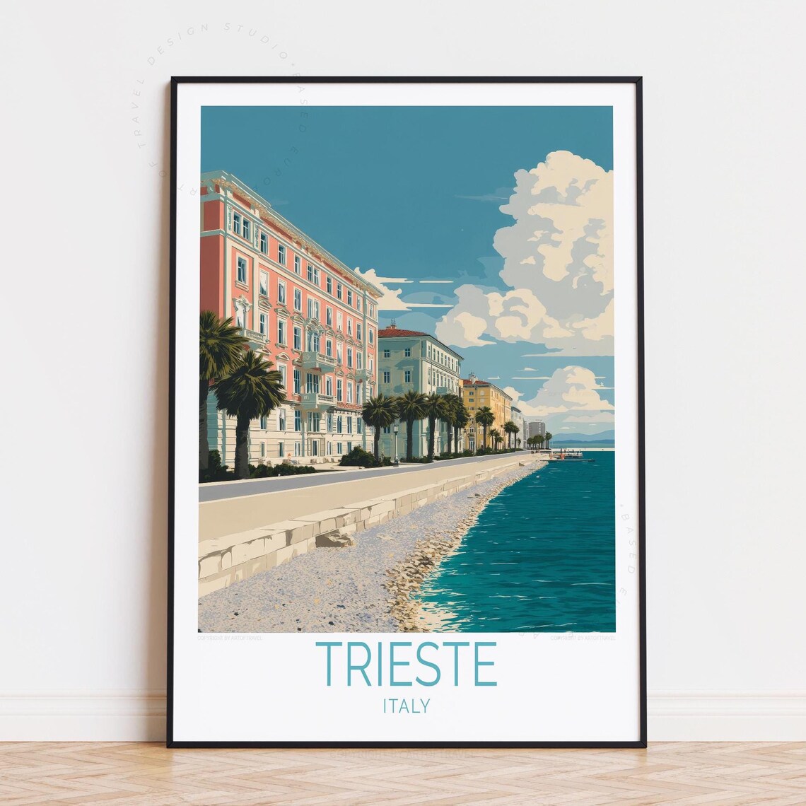 Trieste Italy Seafront Promenade Pastel Buildings Travel Poster
