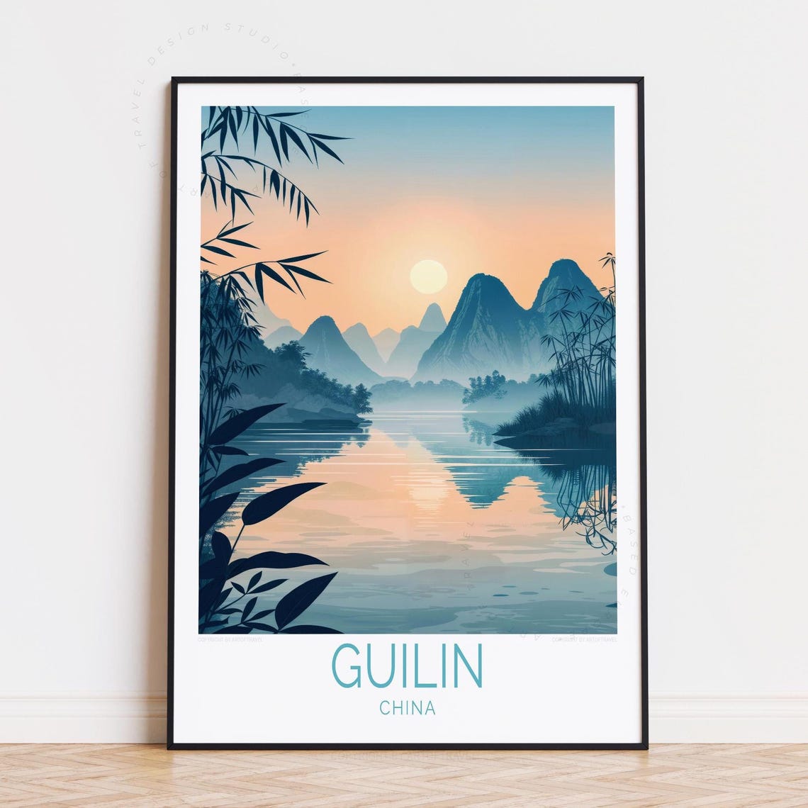Guilin China Karst Mountains River Sunset Minimalist Travel Poster
