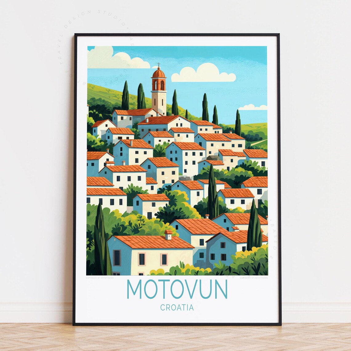 Motovun Croatia Red Roof Hilltop Village Vintage Travel Poster