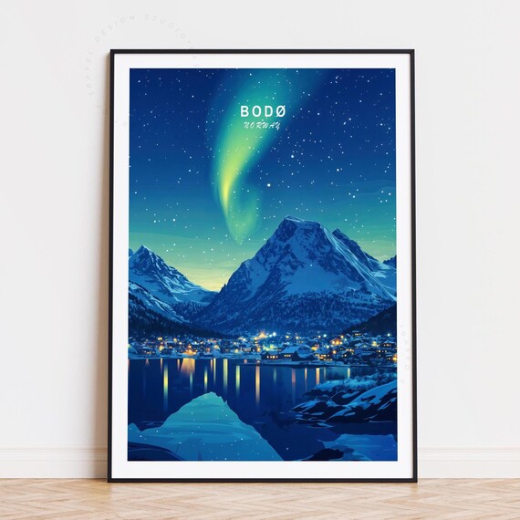 Bodø Norway Northern Lights Beam Over Fjord Town at Night Poster