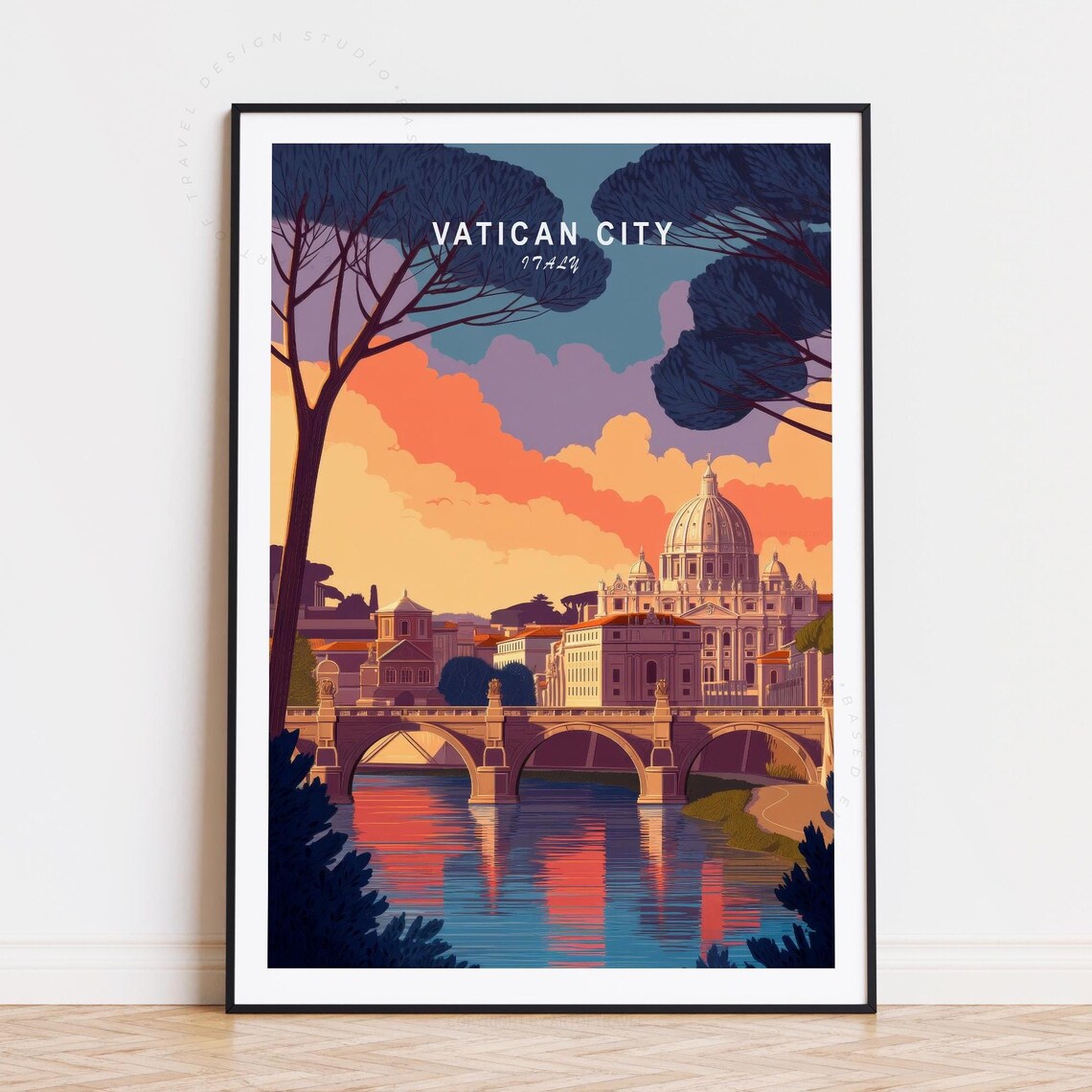Vatican City Italy Dome River Bridge Umbrella Pines Travel Poster