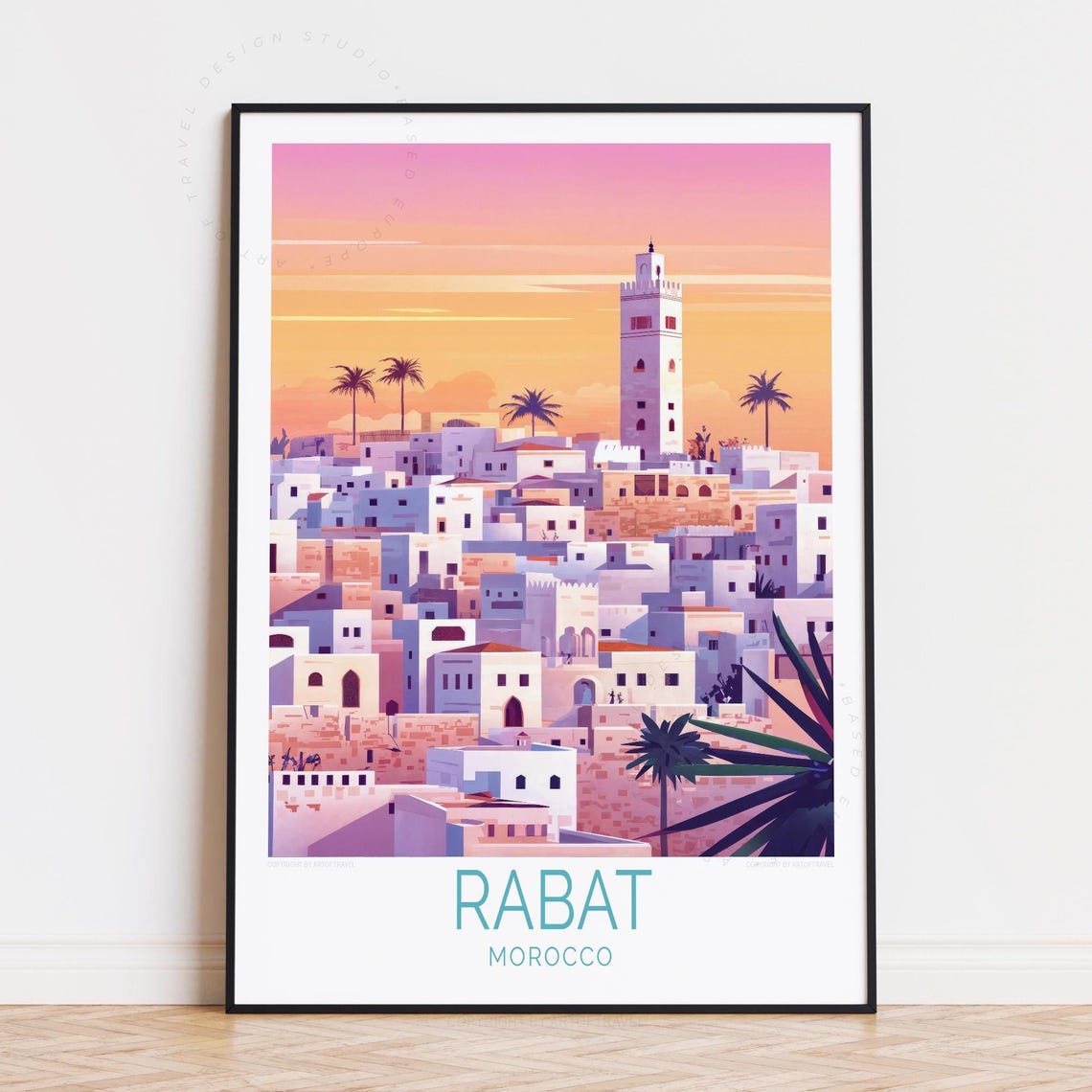 Rabat Morocco Medina Minaret at Sunset With Palm Trees Poster
