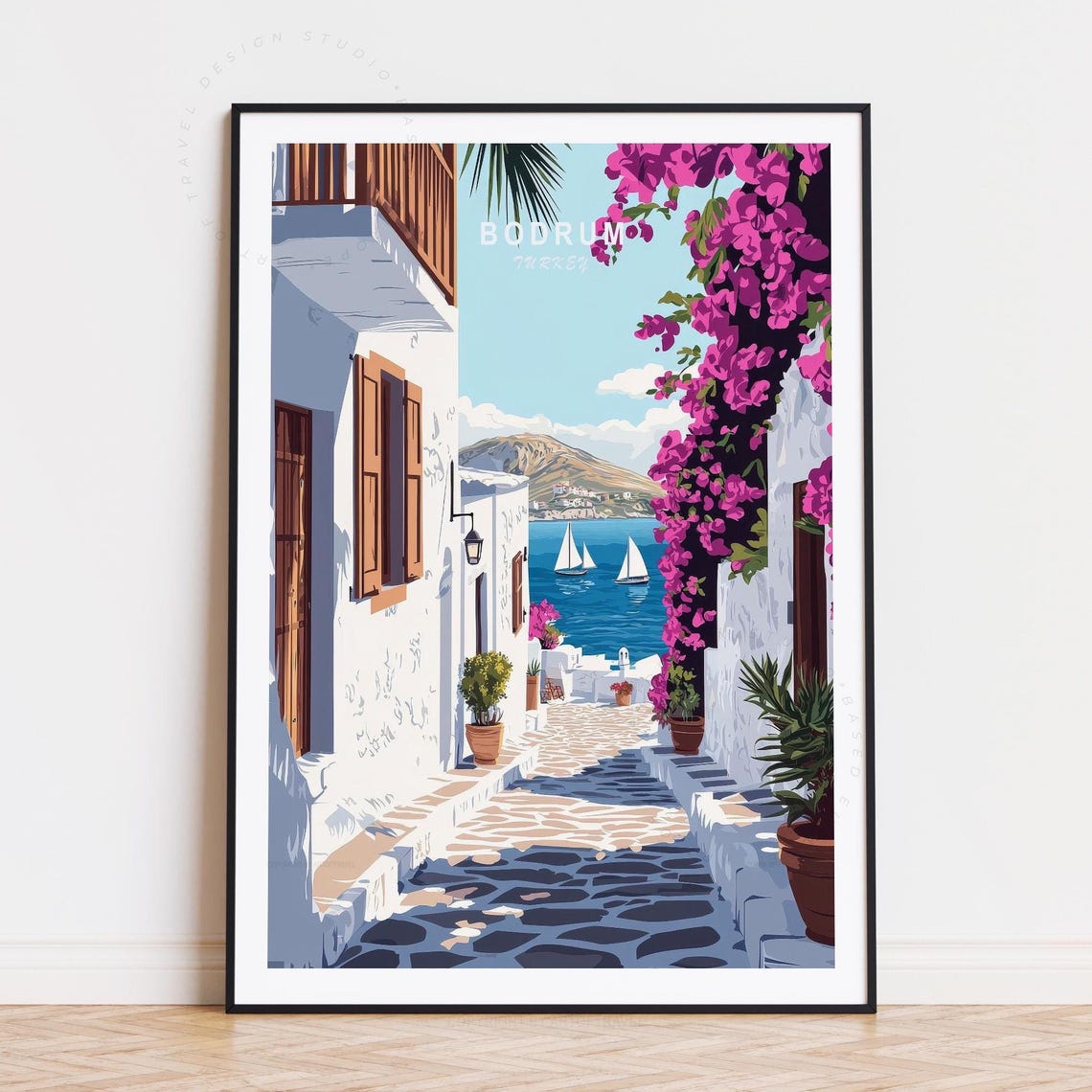 Bodrum Turkey Whitewashed Alley Pink Bougainvillea Retro Poster
