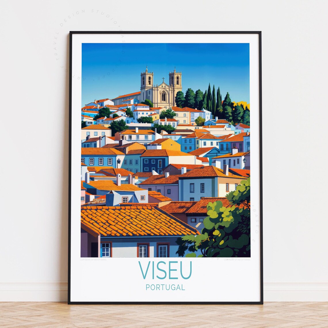 Viseu Portugal Travel Poster Featuring Sunlit Rooftops And Twin Towers