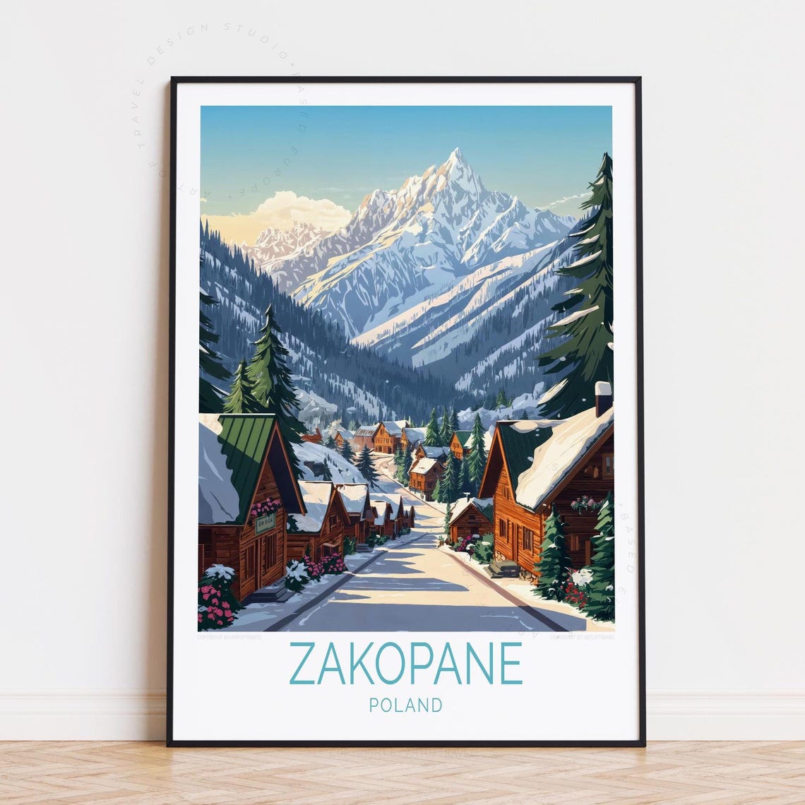 Zakopane Poland Snowy Chalet Street Mountain Backdrop Poster