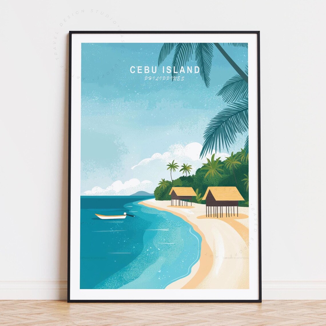 Cebu Island Philippines White Sand Shore Palm Huts Travel Poster