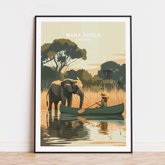 Mana Pools Zimbabwe Elephant Canoe River Safari Adventure Poster