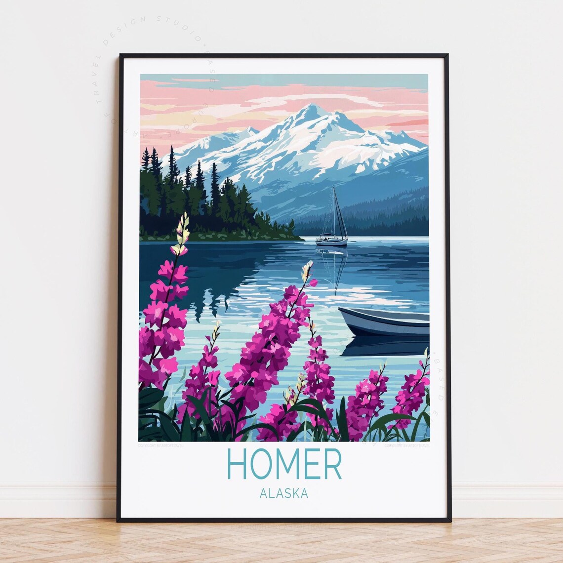 Homer Alaska Sailboat Canoe Fireweed Lake Scene Travel Art Poster