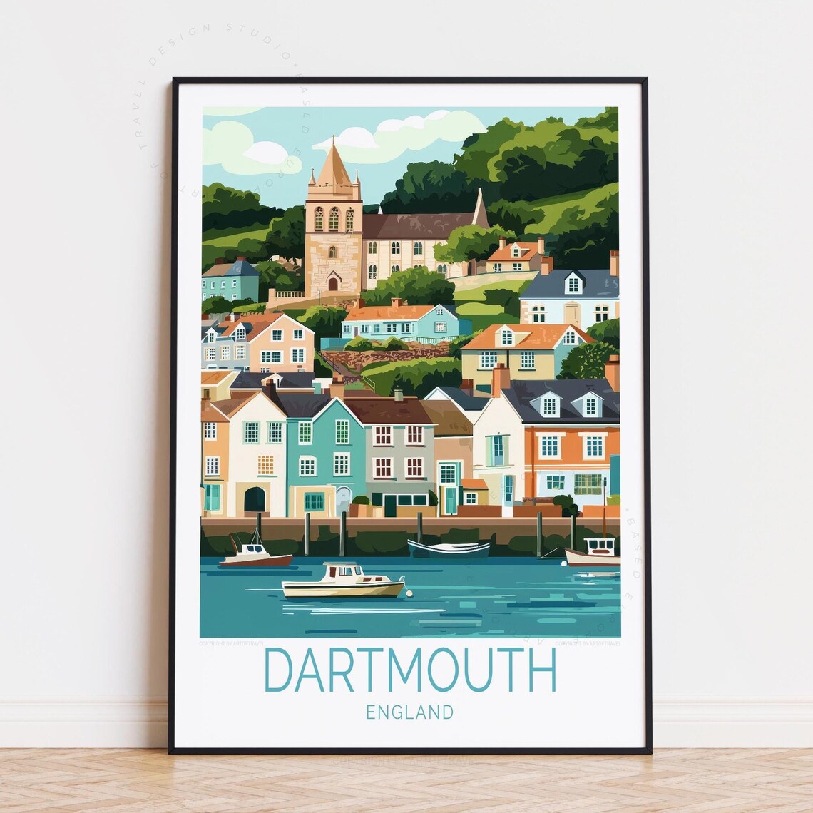 Dartmouth England Harbor Town Church Colorful Houses Travel Poster