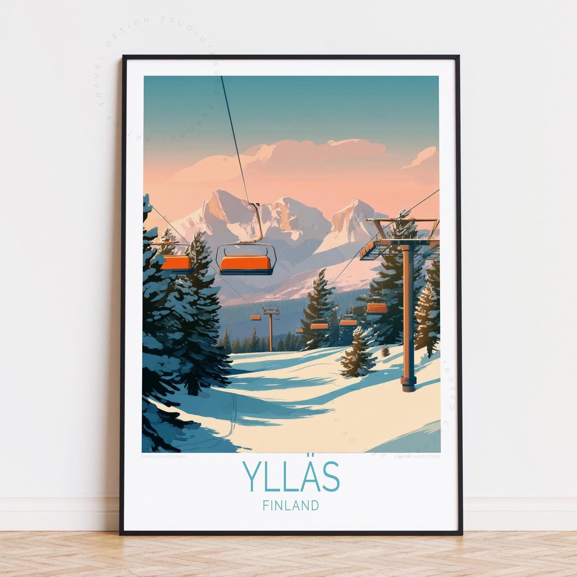 Yllas Finland Gondolas by the Mountain at Sunset Snow Poster
