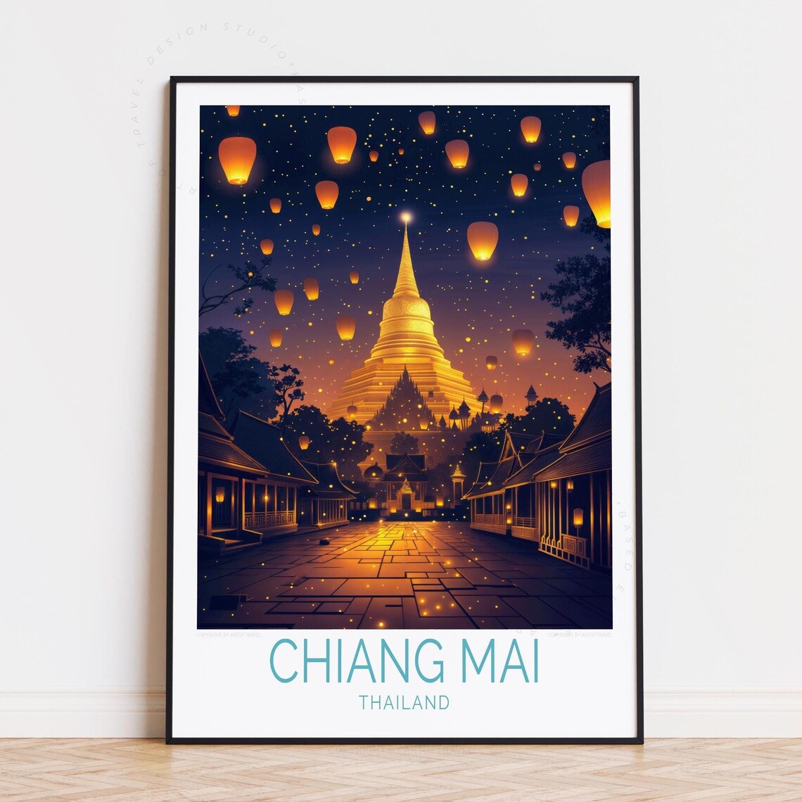 Chiang Mai Thailand Lantern Festival Golden Stupa Night Travel Poster