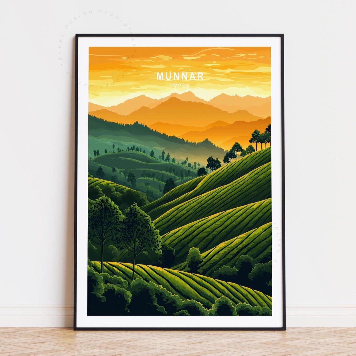 Munnar India Golden Sunset Tea Plantation Mountain Landscape Poster