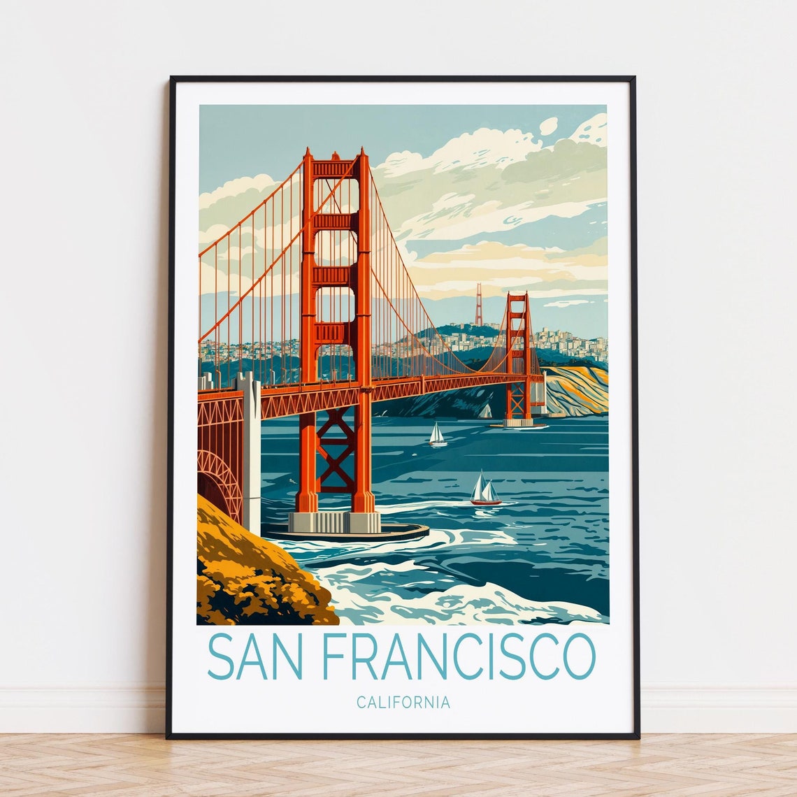 San Francisco Golden Gate Bridge Over the Bay in White Border Poster