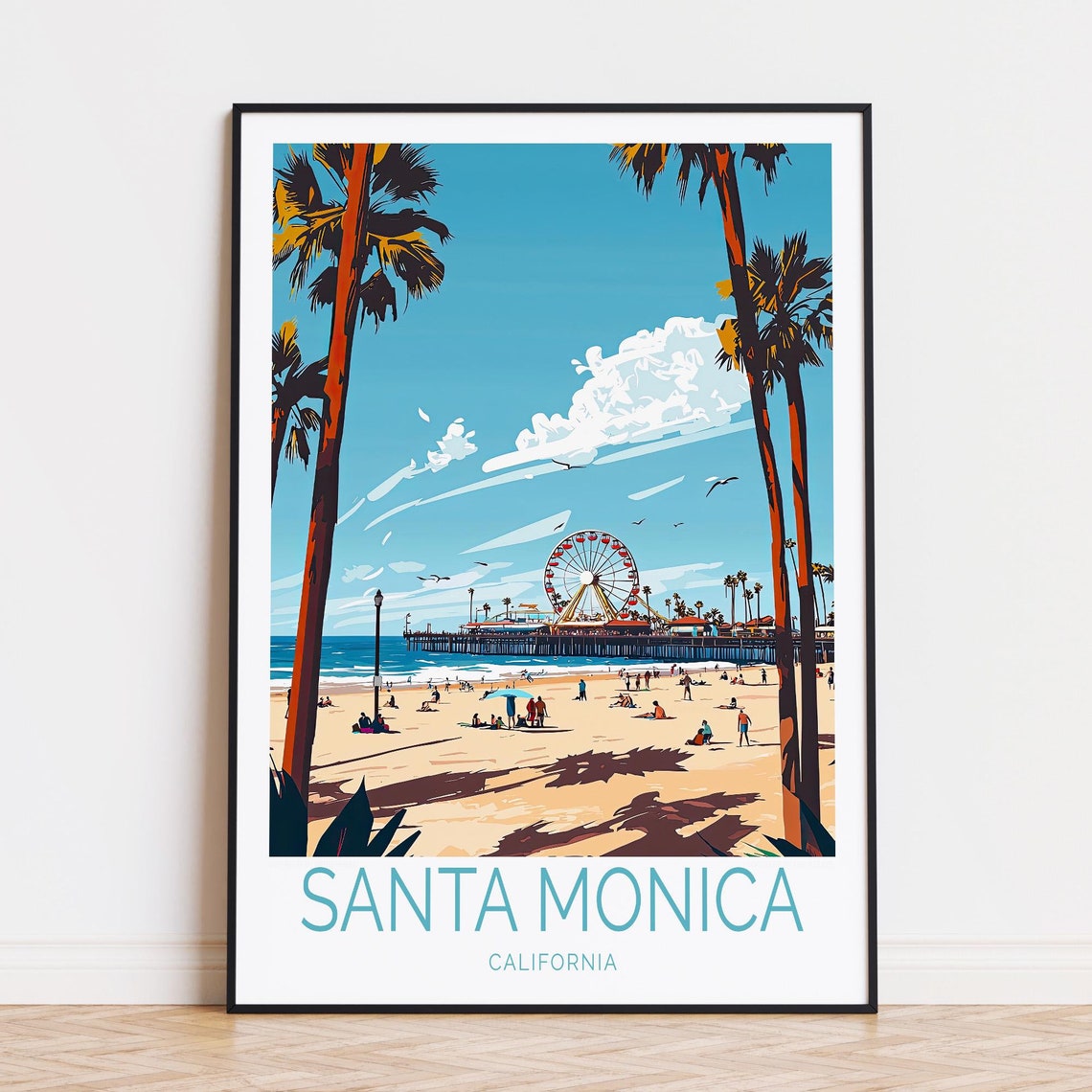 Santa Monica Pier Ferris Wheel Viewed Through Palm Trees Beach Poster