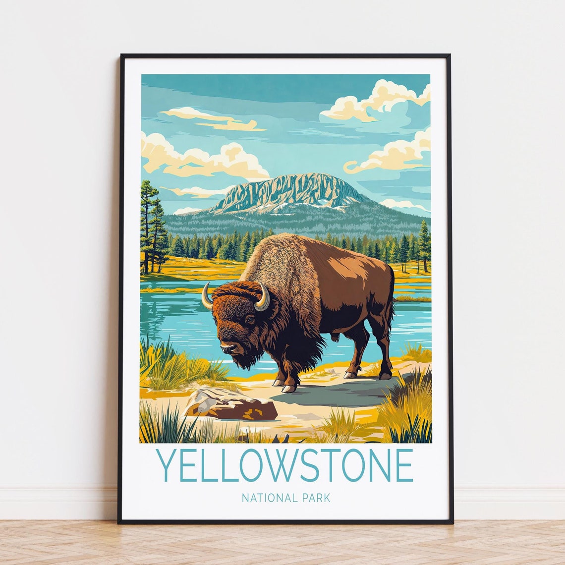 Yellowstone National Park Bison Drinking Lakeshore Bottom Title Poster