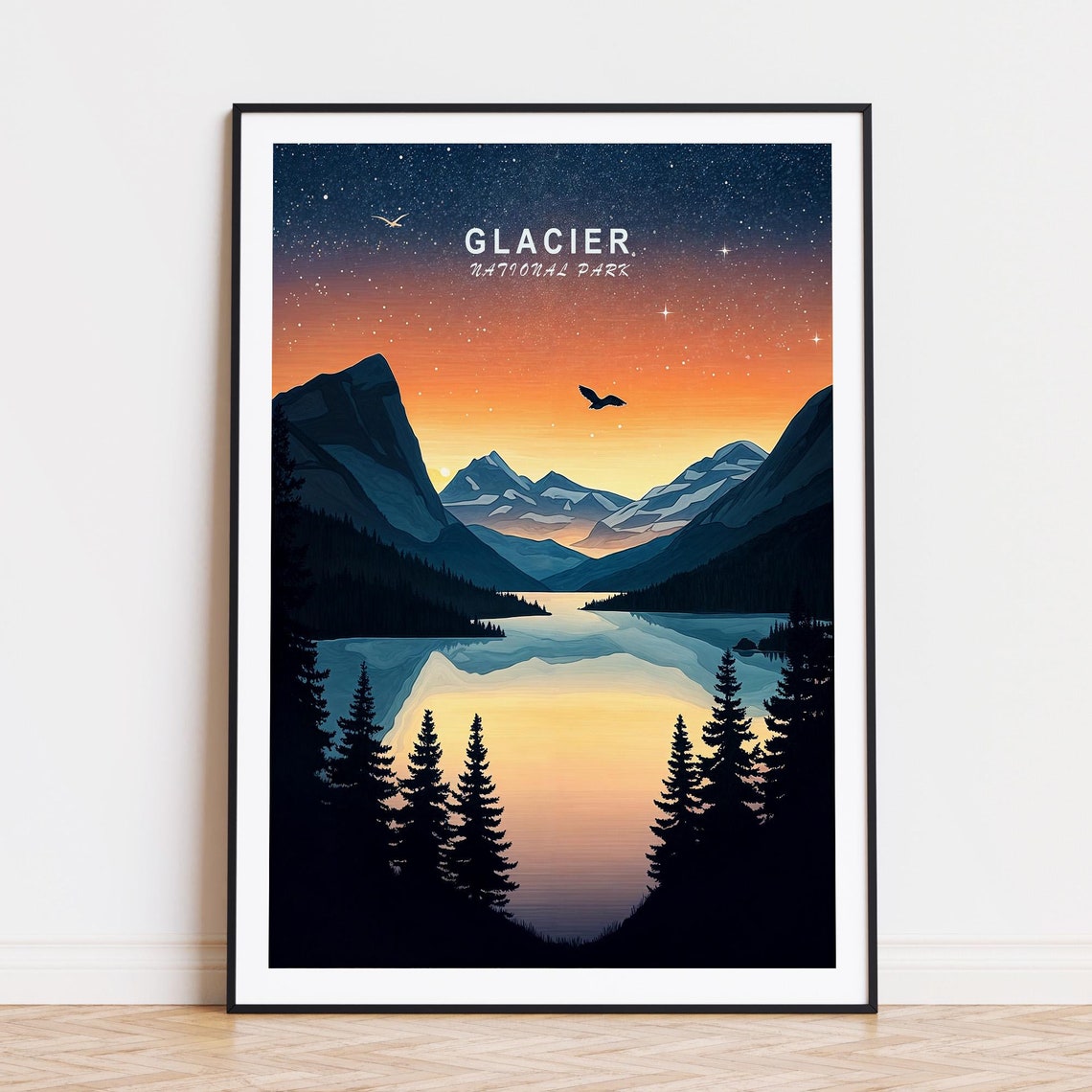 Glacier National Park Starry Night Lake Reflection Vintage Poster