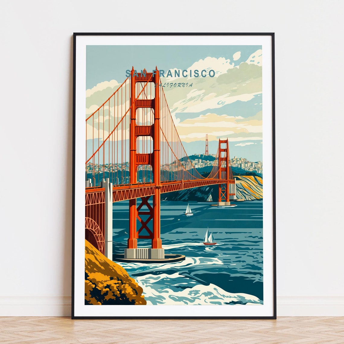 San Francisco Golden Gate Bridge Sailing Bay Retro Travel Poster